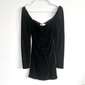 Elodie Ruched Bodice Black Velvet Long Sleeve Mini Dress